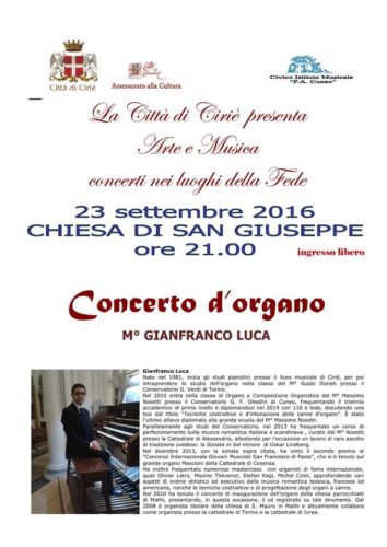 Venerdì 23 settembre - Chiesa di San Giuseppe - Concerto di Organo del M° Gianfranco Luca